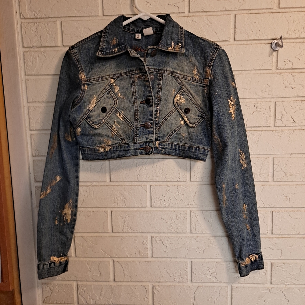 Younique cropped denim jacket w/ paint distress